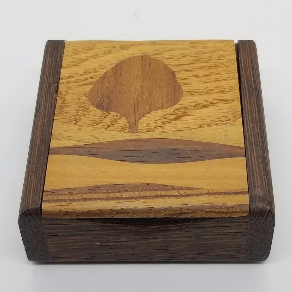 wooden inlay trinket box with tree imagery made in Canada